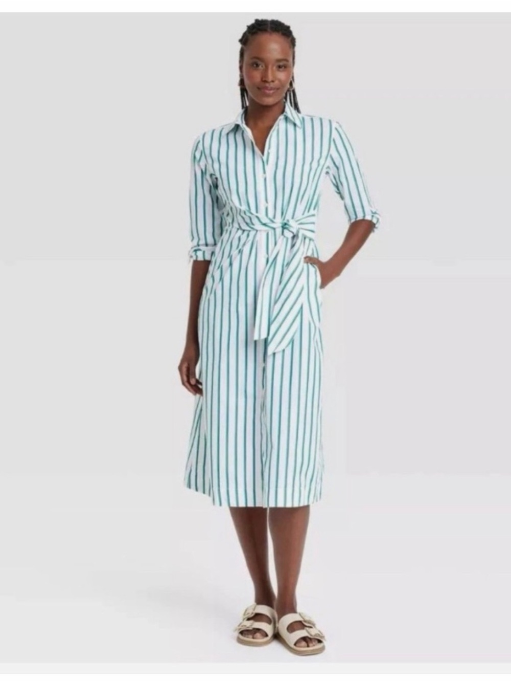 100% Cotton Striped Tie-Waist Midi Dress in Teal and White
